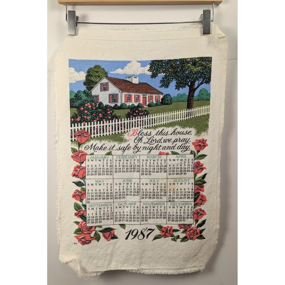 Vintage 1987 Bless This House Calendar Tea Towel Roses Cottage Kitchen Wall Deco